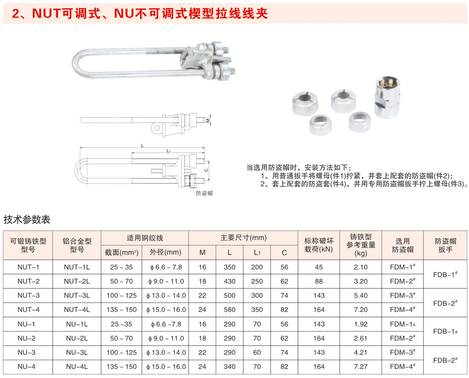 NUT可调式、NU不可调式楔型拉线线夹