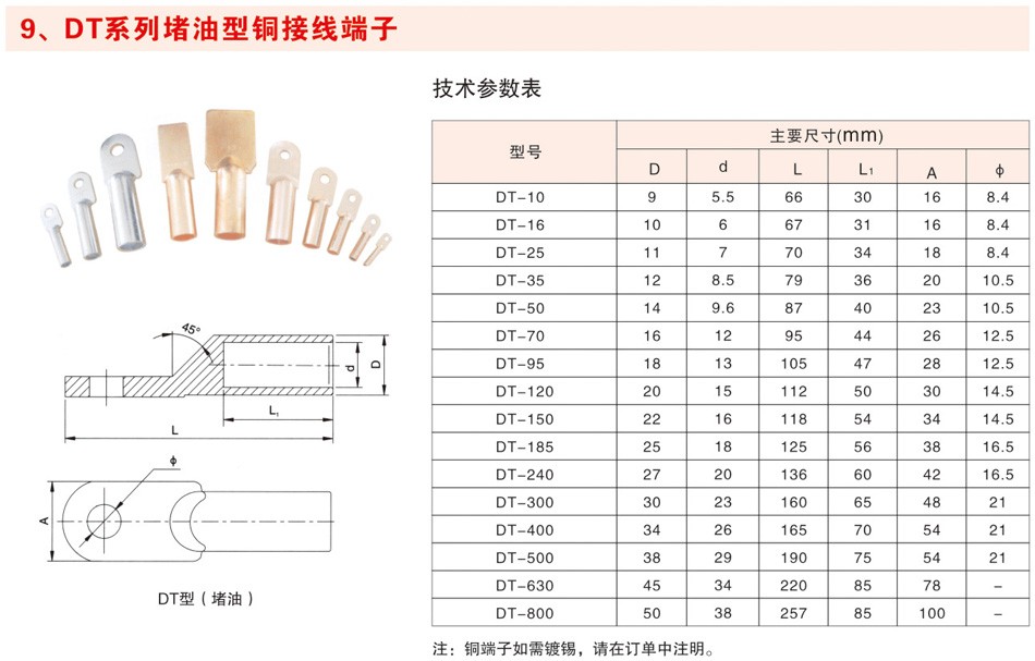 DT系列堵油型铜接线端子