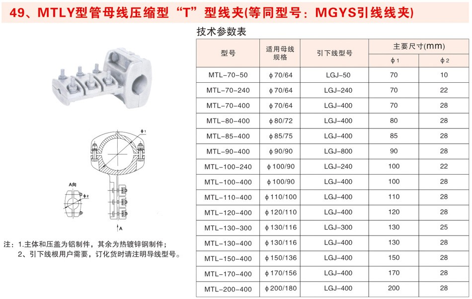 MTLY型管母线压缩型“T”型线夹（等同型号：MGYS引线线夹）1
