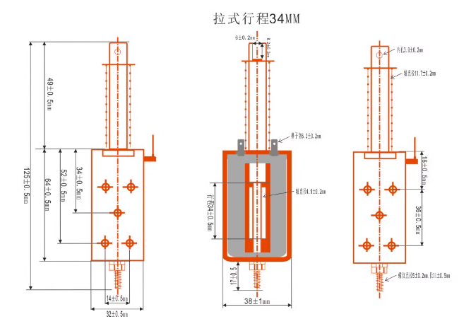 推拉式电磁铁AC220V 撞击型 34mm长行程DC12V24V全铜线圈自动复位