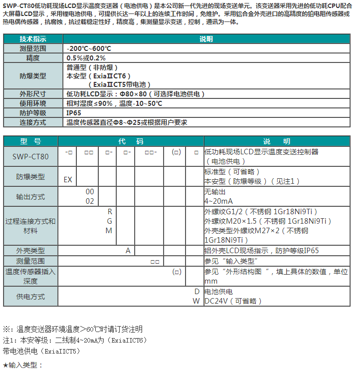 SWP-CT80低功耗现场LCD显示温度变送器（电池供电）