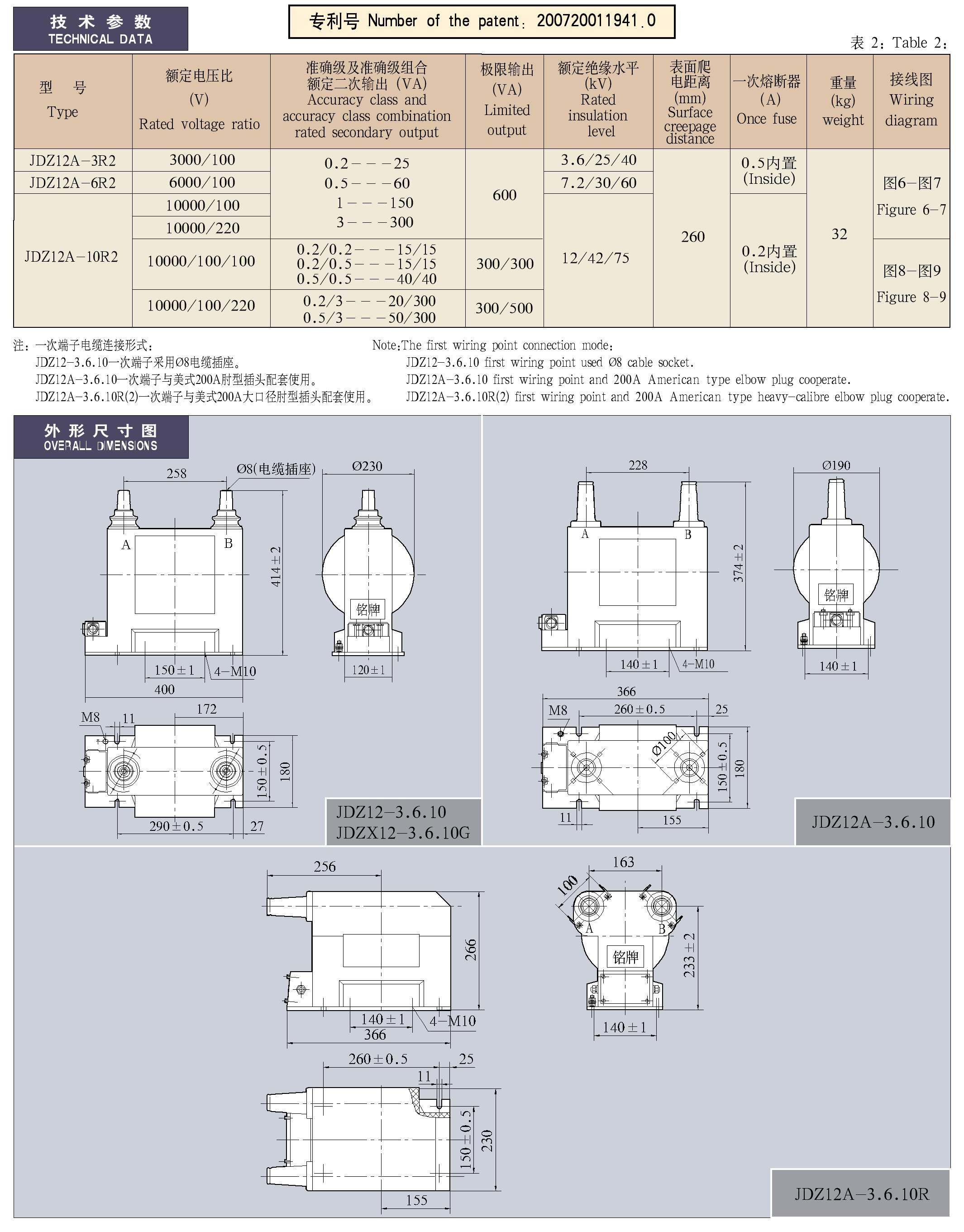 0.5-12kV环氧树脂电压互感器​JDZ(X)12(A)-3、6、10R(G)(2)系列全封闭肘头座式(带熔断器)户内单相电压互感器
