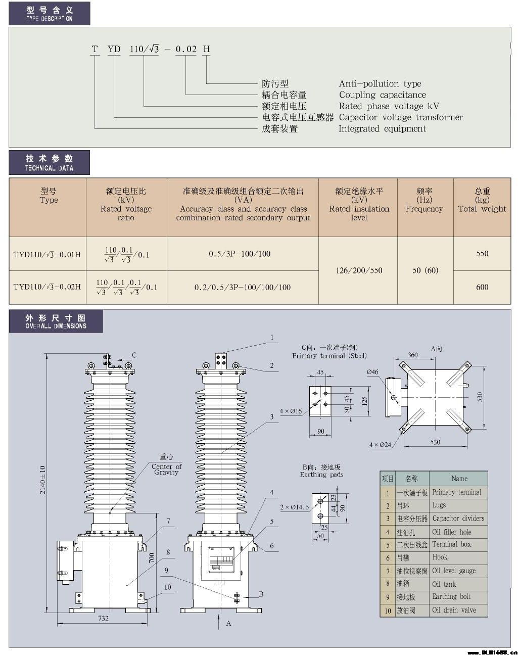 35-330kV-TYD110／√3-0.01-0.02H油浸电容式电压互感器